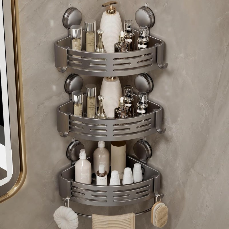 VOLPONE Corner Shower Shelf Suction Cup Shower Caddy Corner No Drilling Bathroom Shower Organizer Storage Rack Adhesive with Towel Bar (3-Pack, Gray) - Image 1